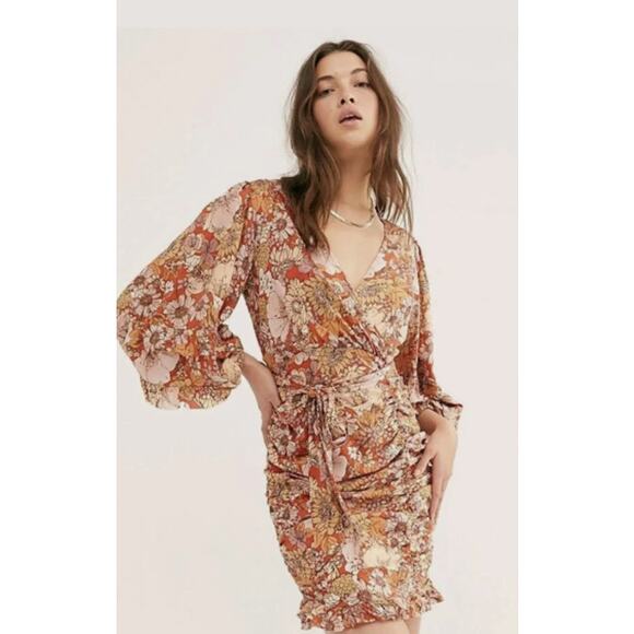 Free People Womens Under Wraps Floral Faux Wrap Mini Dress Balloon Sleeve Size 6 - Picture 1 of 6